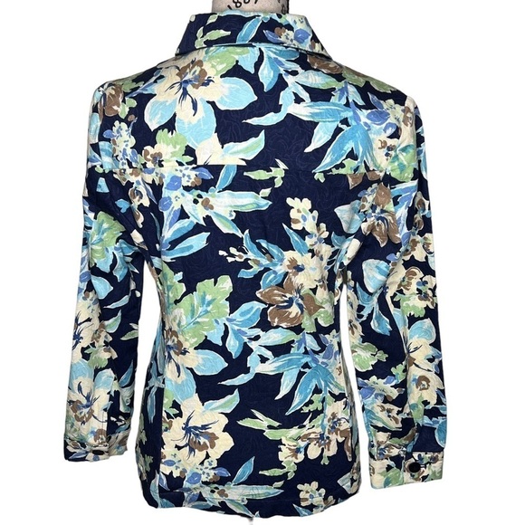 Appleseeds Blue Floral Print Button Cropped Denim Jacket Size S Coastal Country - Picture 3 of 15